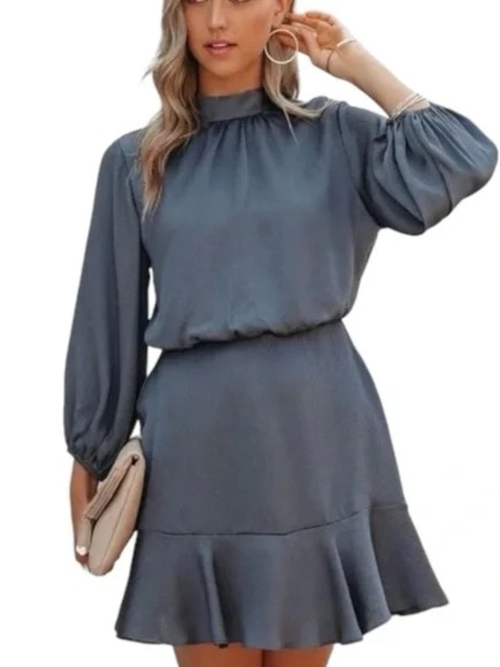 Vici Slate Gray Long Sleeve Ruffle Hem Dress